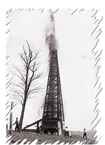 well vintage oil history people rig derrick old wood tree landscape strike bw oilwell skyward gusher petroleum antique wooden tower border spoc southpenn workers monochrome