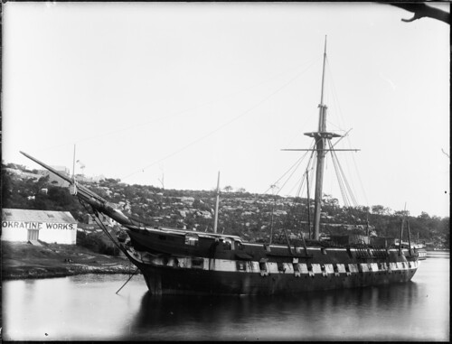 Single masted passenger vessel near shore | by Powerhouse Museum Collection