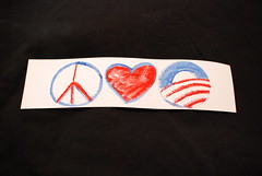 A closeup of the bumper stickers made by one of the attendees at the Obama rally in Huntsville, Alabama. A photo of this sticker being held by the girl who created it is also available.