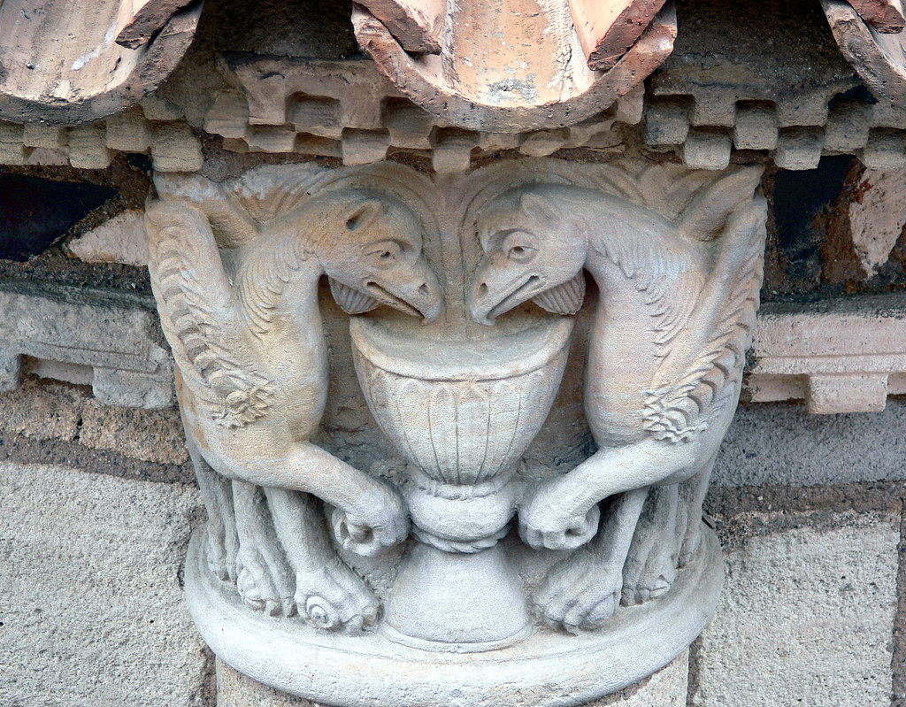 Gryphons, Detail of the Roman Basilica of the Notre Dame Du Port, Clermont Ferrand, Auvergne, France - Classified in 1998 by UNESCO, as World Heritage