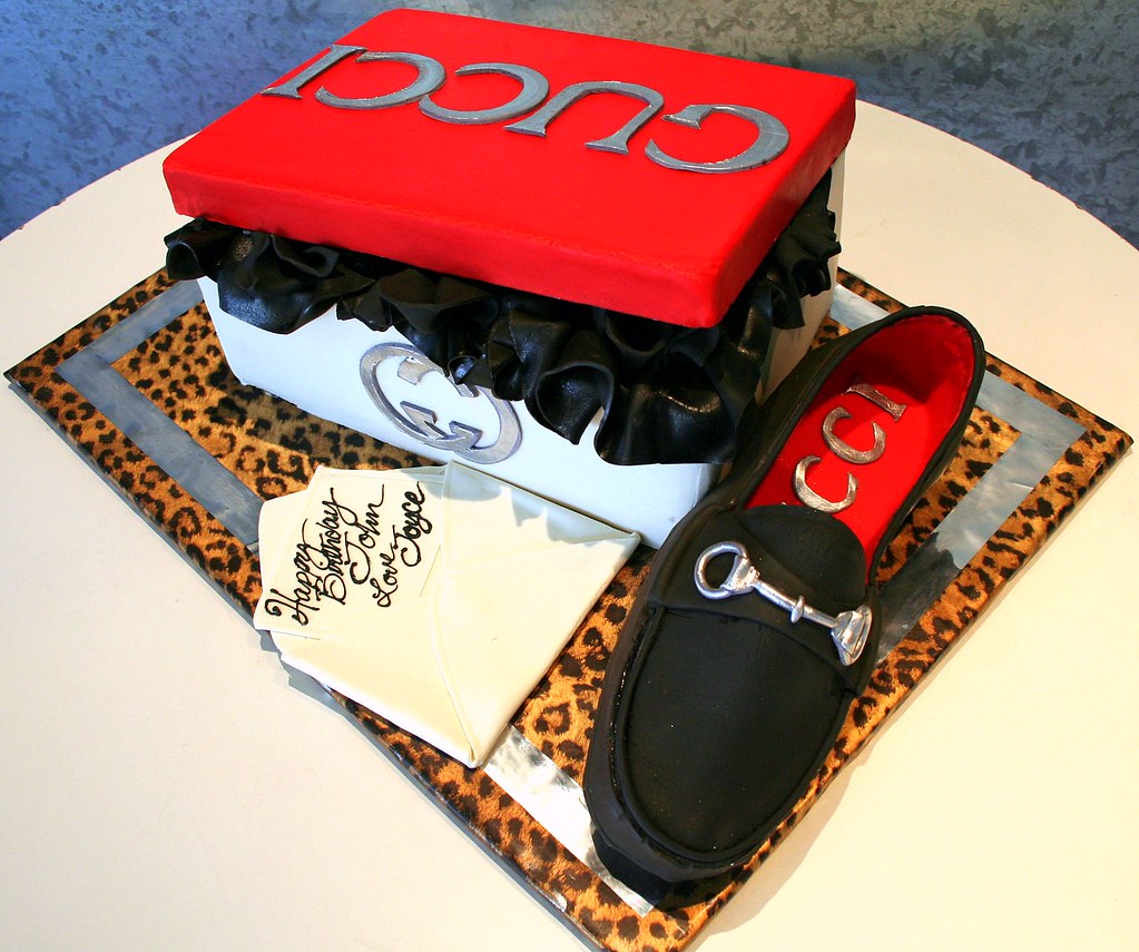 Man's Gucci Shoe, Cake as the shoe box, with black fondant …