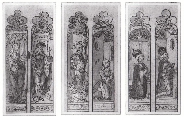 Designs for stained glass windows depicting Henry VIII, Katherine of Aragon and Princess Mary