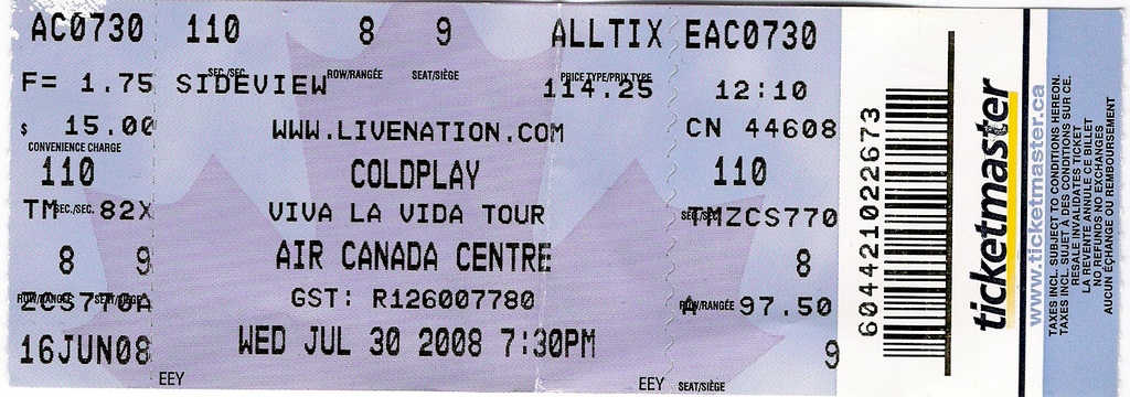 Coldplay Concert Ticket | ACC fromToronto 2008 | Jeff