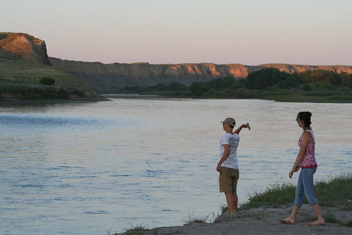 2008-07-19_20.58.41_Sunset on the Missouri by krchr99, Cousins skipping stones on the Missouri as the sun sets on the cliffs.sunset montana uppermissouri