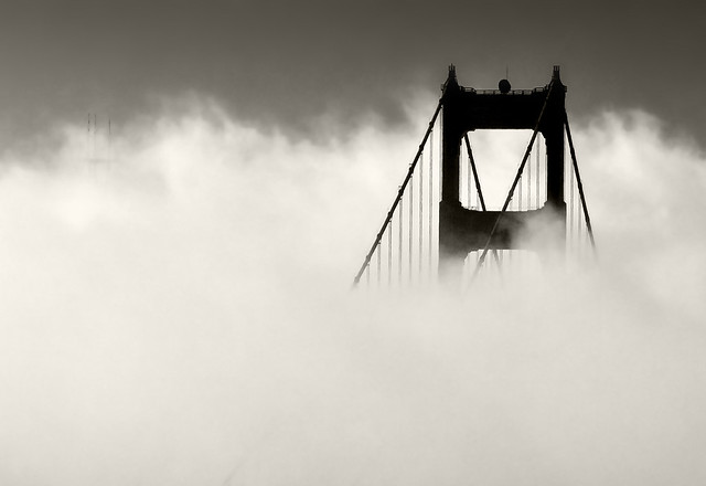 Golden Gate Bridge_South Tower in fog_San Francisco