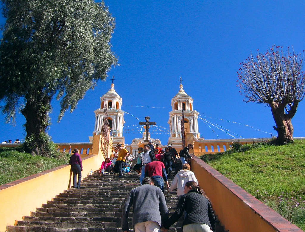 Pilgrims climbing the stairway to the Los Remedios sanctuary, Cholula, Puebla
