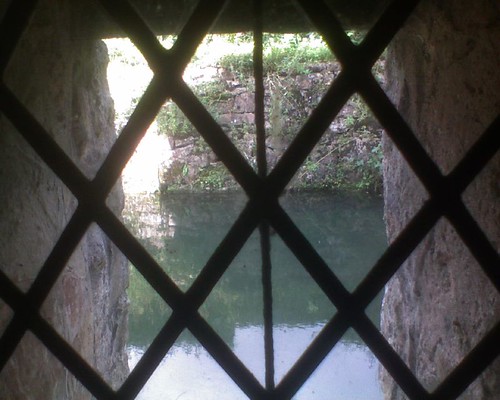 Looking out at the moat Inside Ightham Mote: Open Heritage Day Sevenoaks Circular