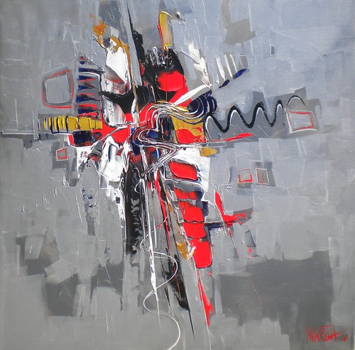 Red, black and white marks on grey