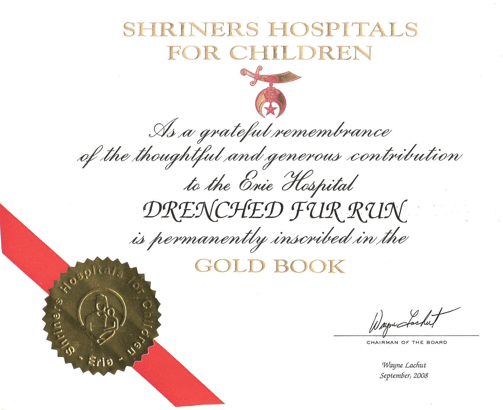 Shriners Certificate for Drenched Fur