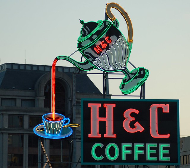 The H & C Coffee Sign on top of one of the buildings in Roanoke,  Virginia