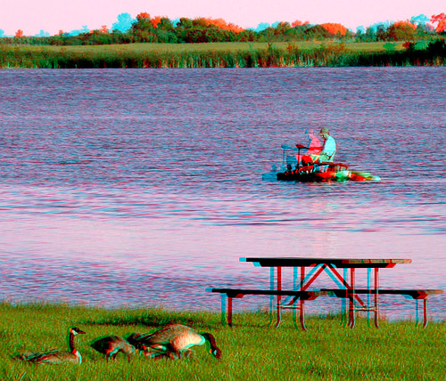 people lake bird rural river boat geese stereoscopic stereophoto 3d spring wildlife scenic anaglyph anaglyphs redcyan 3dimages 3dphoto 3dphotos 3dpictures stereopicture