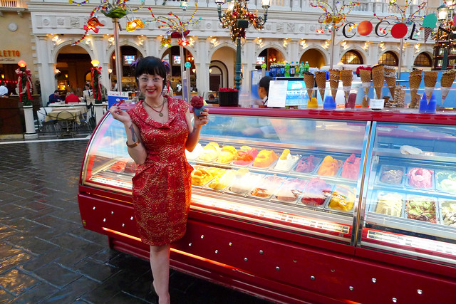 Selena gets gelato somewhere inside The Venetian