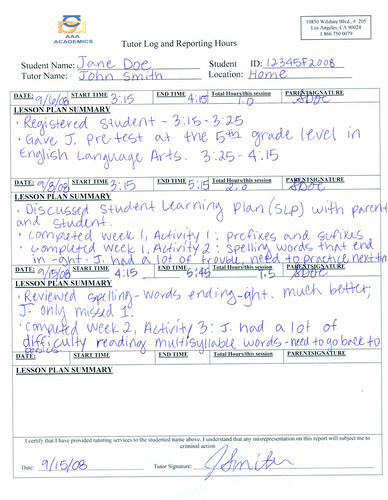 SAMPLE TUTOR LOG | by AAA ACADEMICS