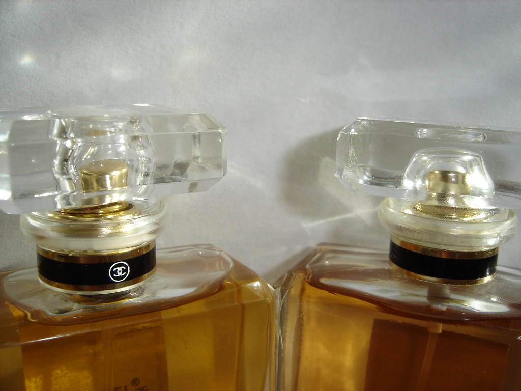 Fake COCO Chanel Bottle (front), Left is authentic, right i…