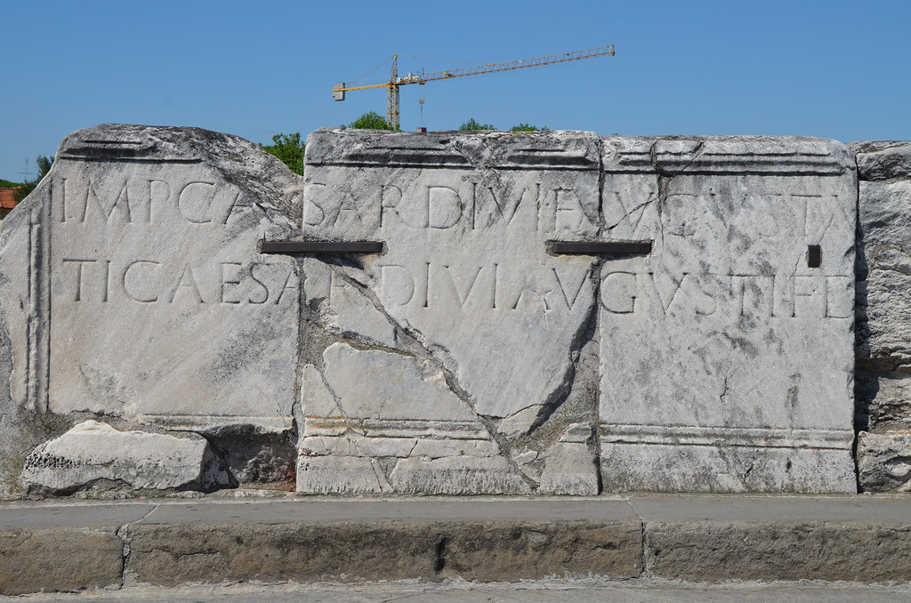Tiberius Bridge (Ponte di Tiberio) over the Ariminus river in Ariminum on the Via Aemilia, constructed under Augustus and completed by Tiberius in 20 AD  as the inscription sculpted on the inner part of the two parapets states, Rimini