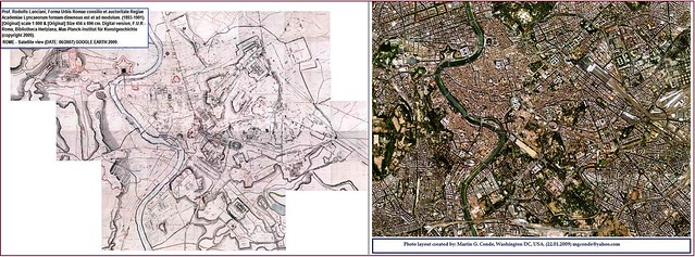 ROME - CENTRAL ARCHAEOLOGICAL AREA: Prof. Rodolfo Lanciani, [Map] Romae - F.U.R (1893-1901) & Rome (GOOGLE EARTH 2007). Comparative side-by-side view.