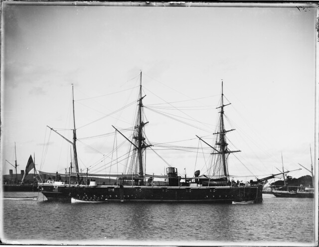 Three masted sailing vessel with steam funnel