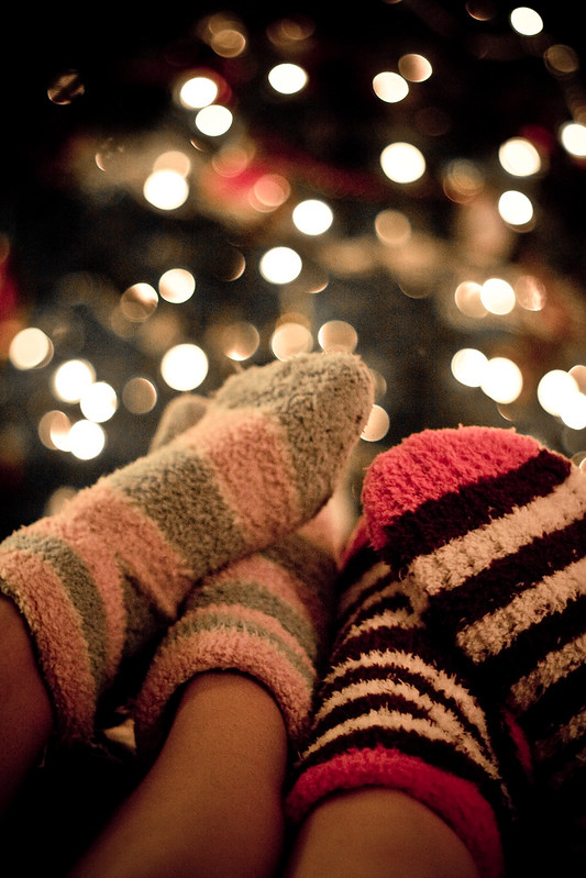 Snuggly socks and Christmas tree bokeh....
