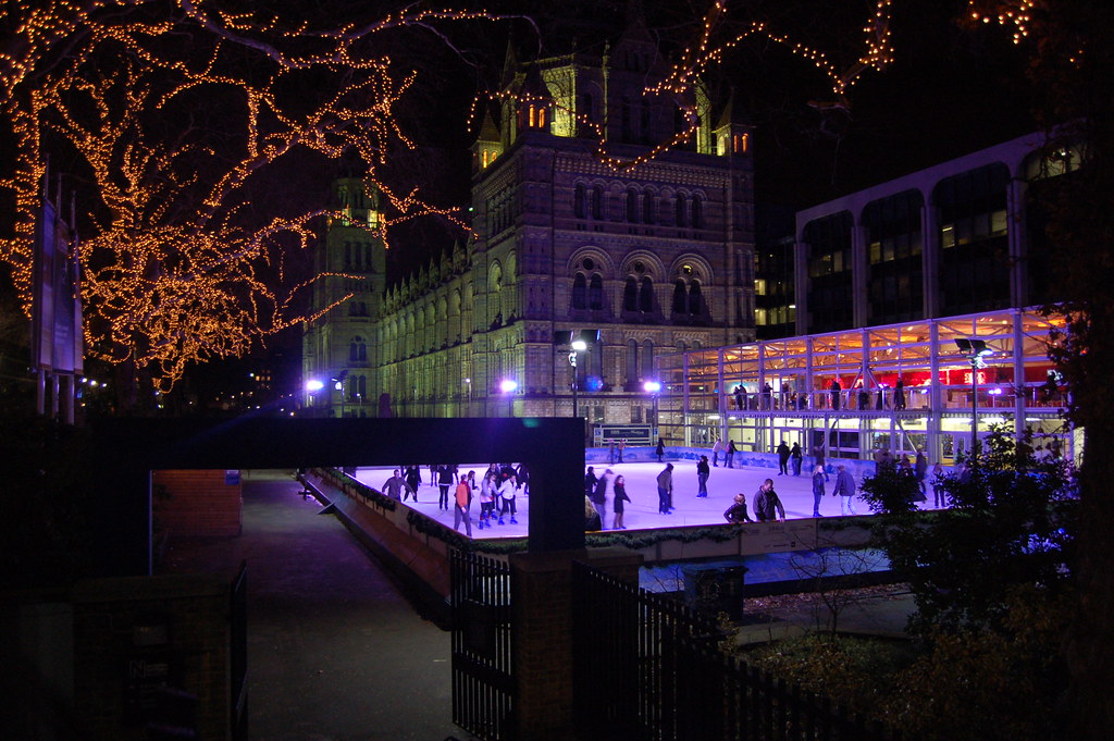 Ice Skating outside the Natural History Museum at night