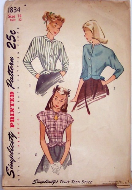 Vintage Simplicity Pattern 1834 Womens Teens 40s  Size 14 Bust 32 Waist 26 Hip 35 Blouses with Peplum and Peter Pan Collar