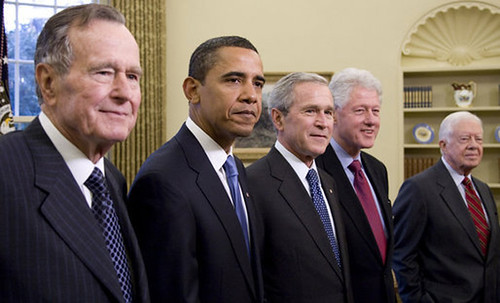 2009 Five Presidents George W. Bush, President Elect Barack Obama, Former Presidents George H W Bush, Bill Clinton, Jimmy Carter Portrait | by Beverly & Pack
