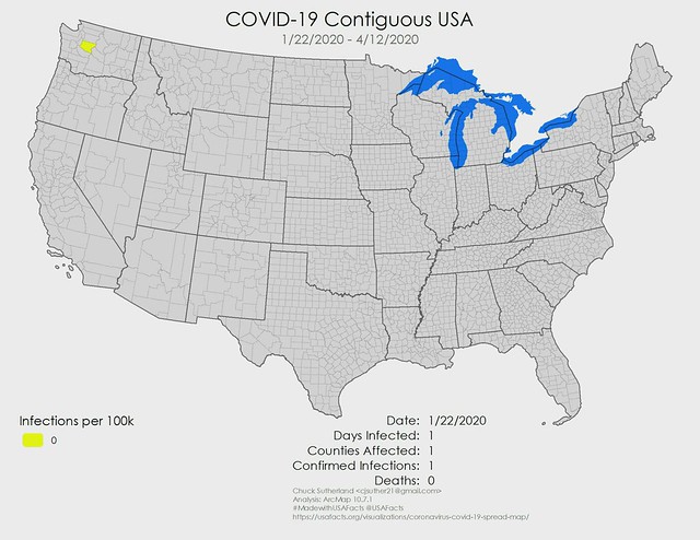 COVID-19 Infections and Deaths of the Contiguous USA from 1/22/2020 - 4/12/2020