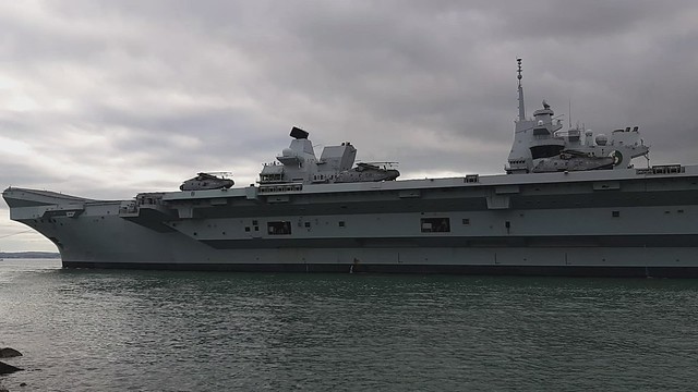 Royal Navy HMS Queen Elizabeth (R08) Queen Elizabeth Class Aircraft Carrier Departing Portsmouth for Exercise Joint Warrior