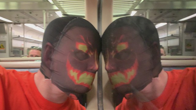 Wearing Pumpkinhead Halloween Mask on the MTA Metro-North Railroad Hudson Line train from Poughkeepsie NY to Grand Central Station NYC USA October 17th 2020 video