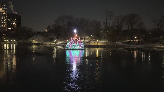 Central Park NYC USA Christmas Tree Lighting at the Harlem Meer Lake w110th St December 2nd 2021 4K video