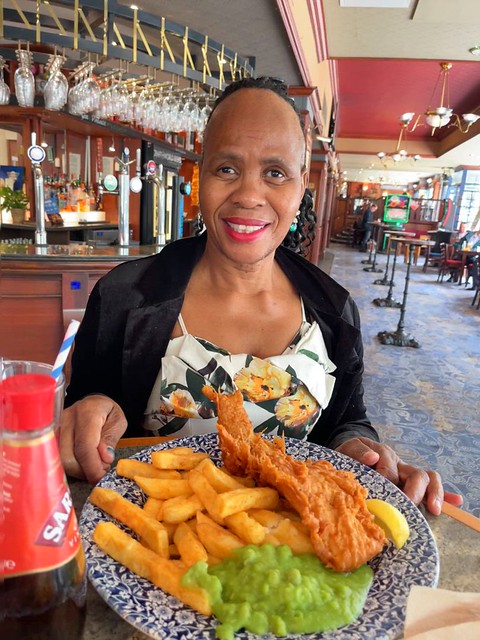 IMG_5885 Ditshupo aka Dee Beautiful Nurse from Botswana in Black Jumper with Delicious Fish and Chips at The Masque Haunt JD Wetherspoon English Pub Old Street Shoreditch London