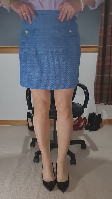 Blue F&F Miniskirt Tan Stockings Undressing