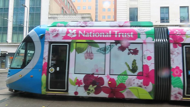 Blossom Watch National Trust on West Midlands Metro tram 44 departing Bull Street - HD video clip