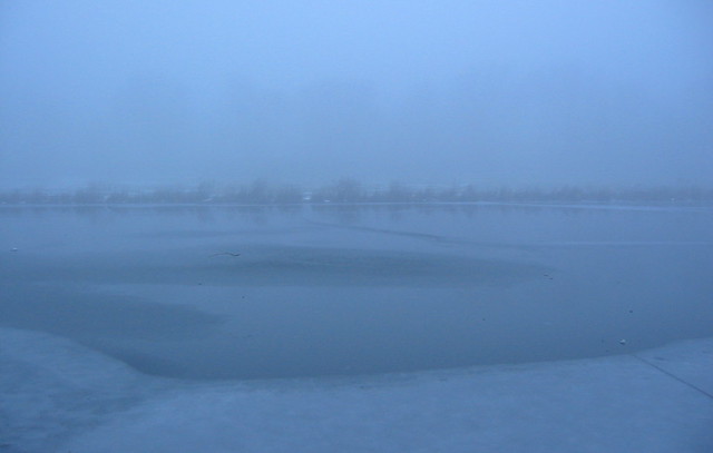 pond, ice, fog