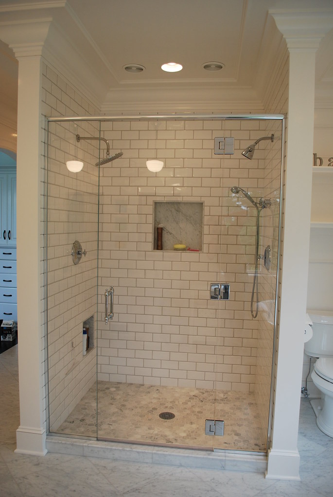 3X6 Subway tile shower with hex carrera marble floor | Flickr
