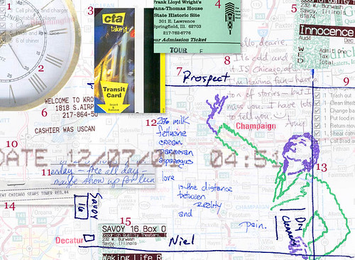 A collage of bits and pieces from my trip to Illinois in 2001.  Mouse over the notes to find out what each item was, or see the entry that originally accompanied this photo.