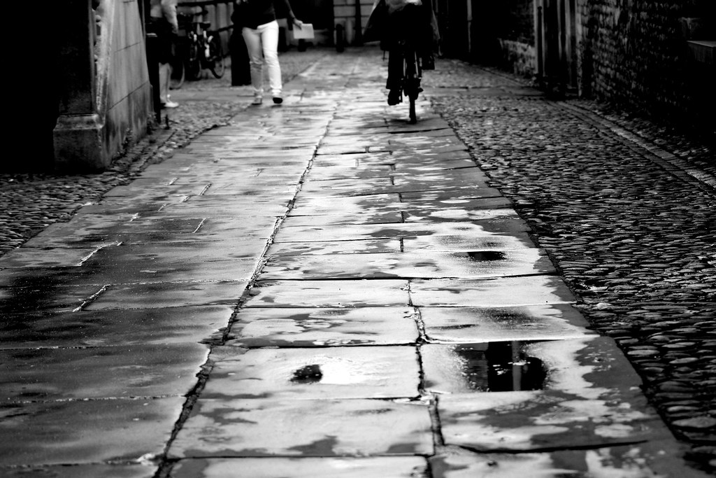 Pedestrians walking on wet cobblestones