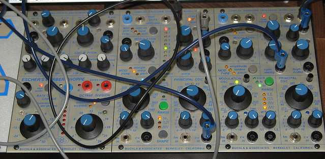the three Buchla 200e oscillator modules: 260e, 259e, 261e