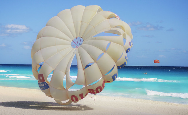 Parasails in Turquoise Sea, Cancun Mexico