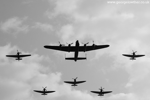 Lancaster, Hurricane and Spitfires in Formation