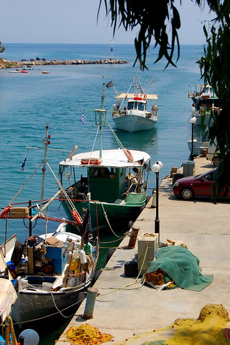 Fishing boats at the mouth of the Almiros River at Georgioupolis, Crete