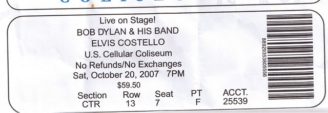 Bob Dylan And Band - Opening Act Elvis Costello - Concert Ticket