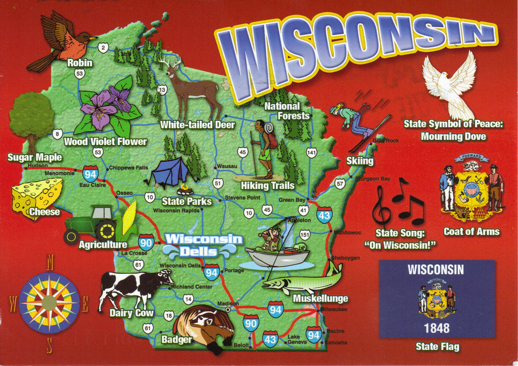 Green Bay Milwaukee Postcard Seal WI Badger Madison Wisconsin State Map 