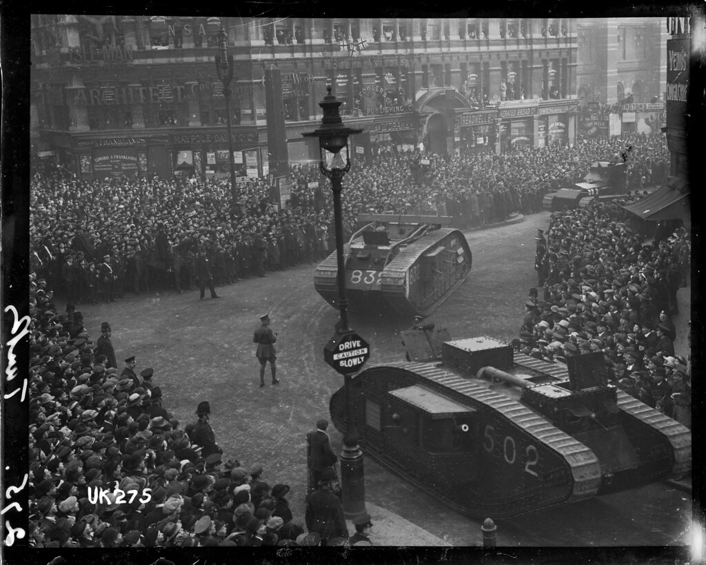 Tanks on parade in London at the end of World War I, 1918