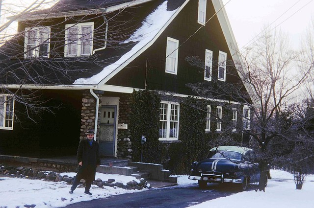Dad wearing a Homburg hat with our aging 1953 Pontiac Chieftan in front of a family friend's house in New Haven, Connecticut. Jan 14 1970