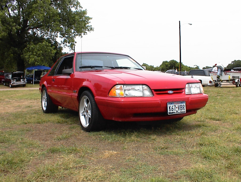 Red Ford Mustang Fox Body Coupe on 17 inch Silver Cobra R Wheels - a ...