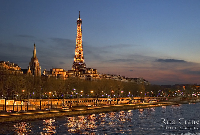 Rita Crane Photography: Eiffel Tower / Dusk / city lights / reflection / Seine River / architecture / Tour Eiffel & Quai d'Orsay, Paris