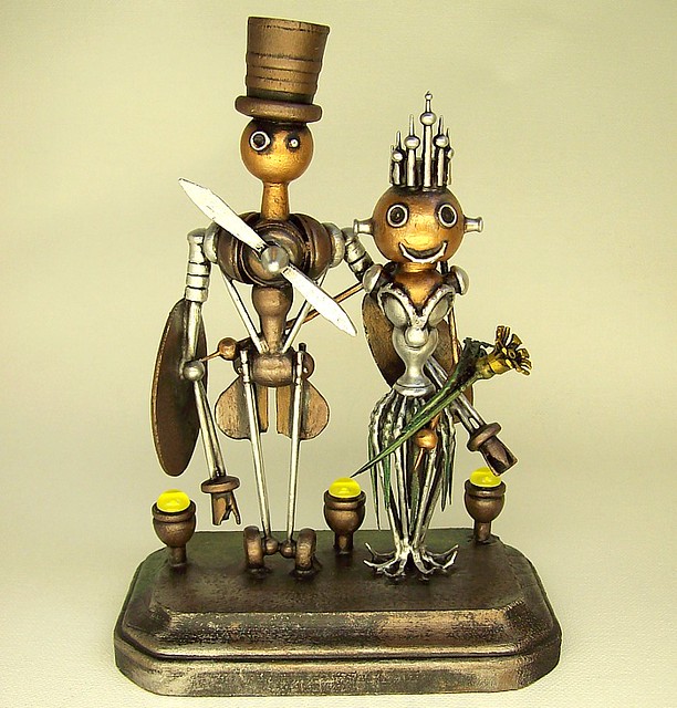 Sky Captain Airplane Robot and Sexy Bride Bot Queen with Crown Wedding Cake Topper Wood Statues with Runway Base