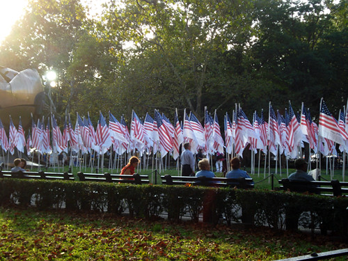 Flags in a row on Battery Park Place, 9-11-08