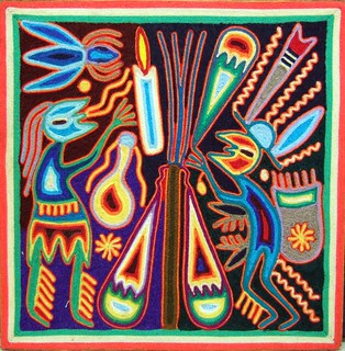 Huichol yarn painting by Rojelio Beuites