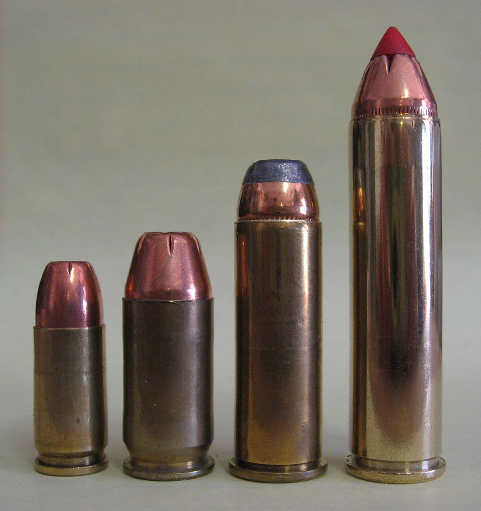 Left to right are a 9mm Luger, .45 ACP, .44 Magnum and a .460 S&W Magnu...